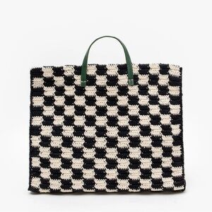 Clare V Summer Simple Tote Black and Cream Crochet Checker tote
